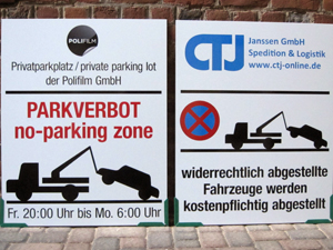 Parkverbotschild in Grevenbroich Allrath für CTJ Janssen GmbH und Polifilm GmbH in Köln
